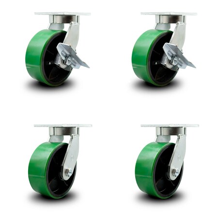 Service Caster 8 Inch Heavy Duty Green Poly on Cast Iron Caster Swivel Locks 2 Brakes, 4PK SCC-KP92S830-PUR-GB-SLB-BSL-2-BSL-2